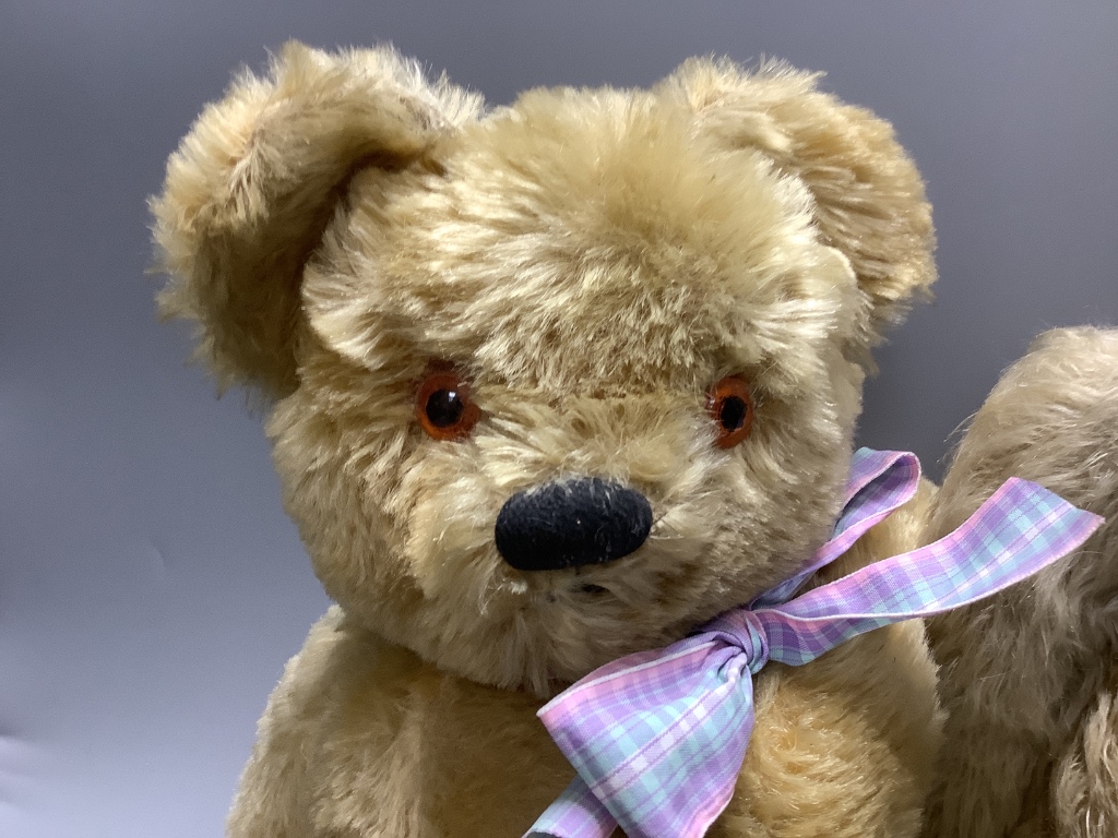 A vintage large plush jointed teddy bear with glass eyes and long muzzle, a later smaller jointed bear and a similar miniature bear, length 58cm